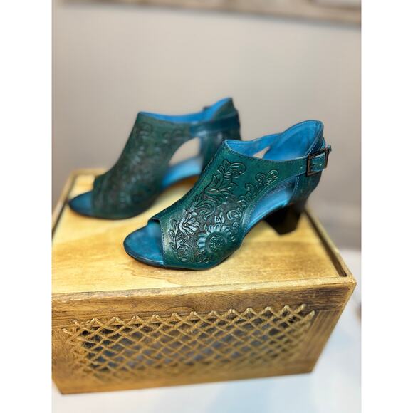 ROPER MIKA Burnished Turquoise Tooled Leather Mule w Side Buckle - Picture 3 of 8